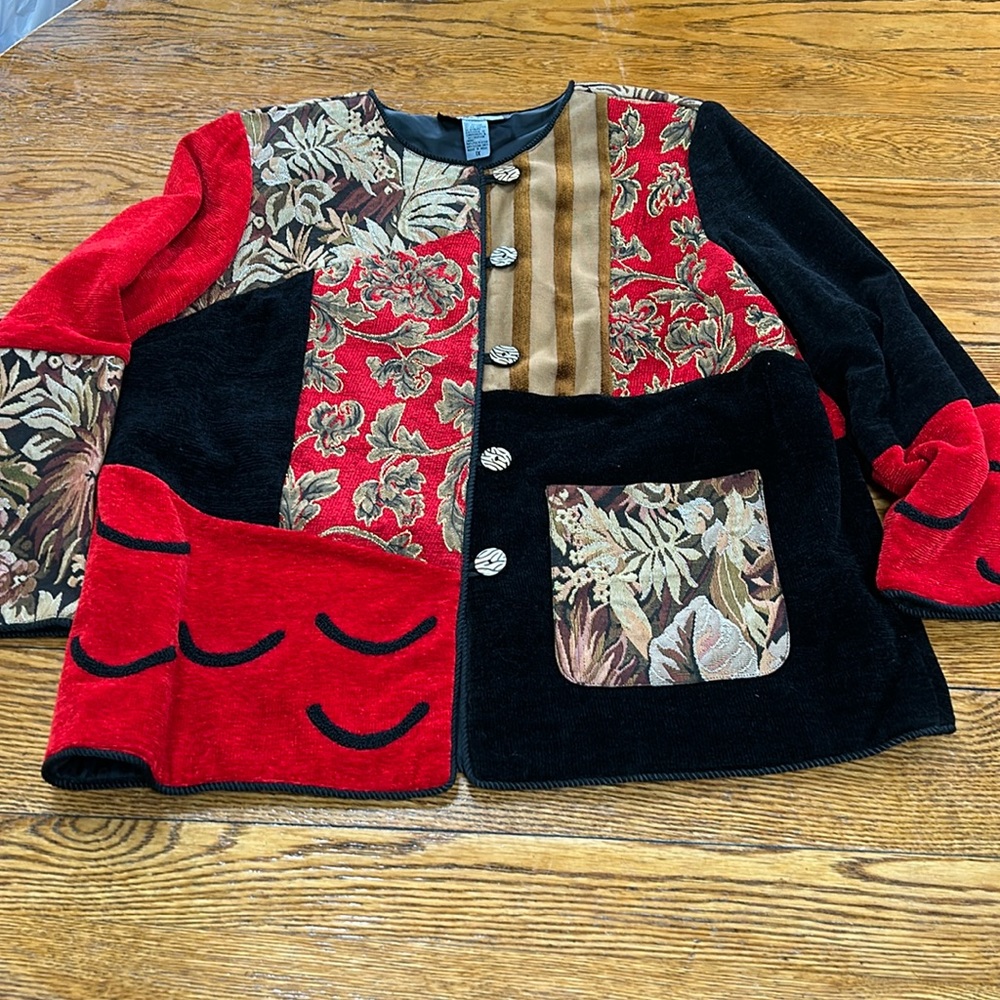 Indigo Moon vintage jacket. Size 1X. Red, black, gold tapes/chenille pattern.
